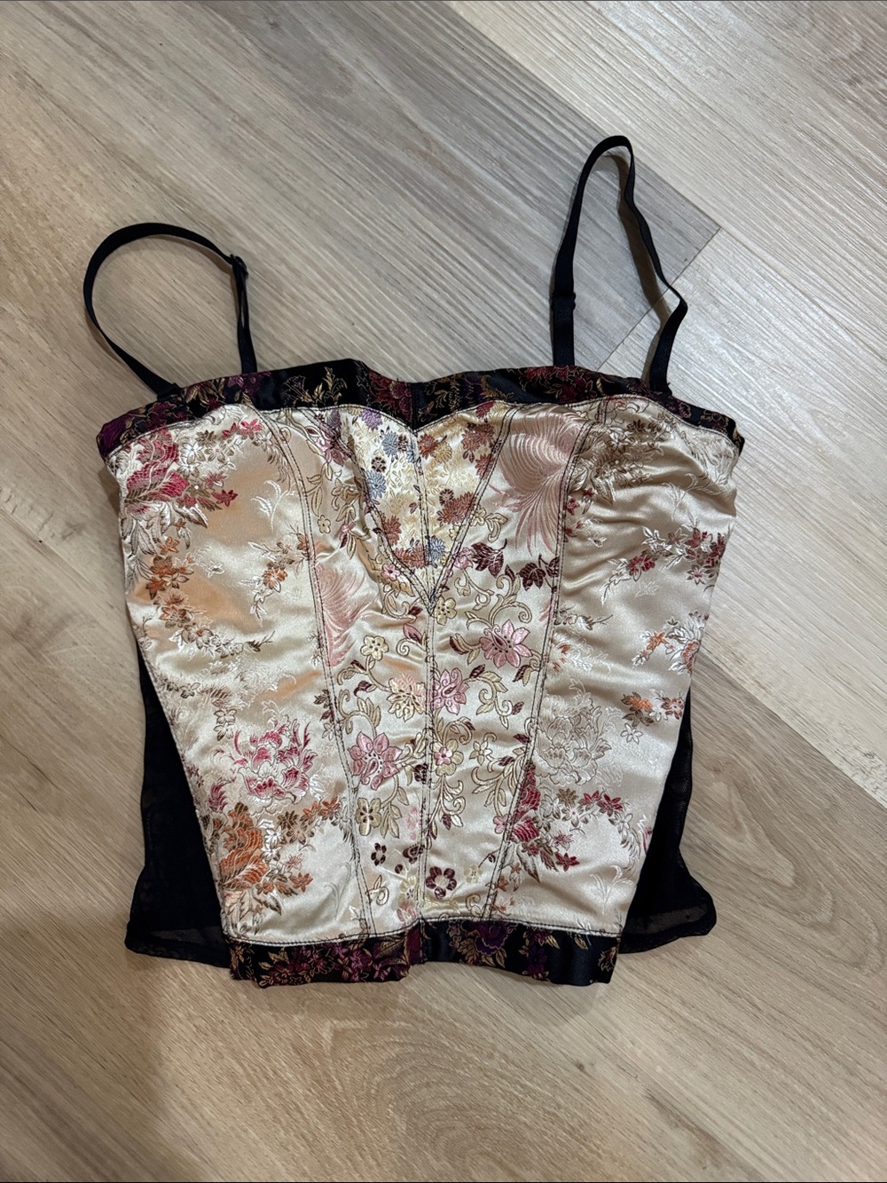 H&M Floral Satin Bustier Camisole in Cream, Pink and Black